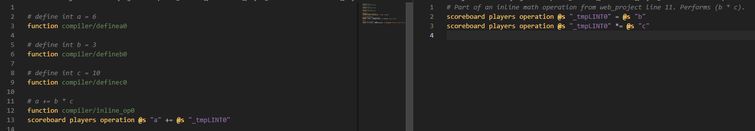 Compiled code decorated to illustrate the subfunction it creates for the b * c operation.